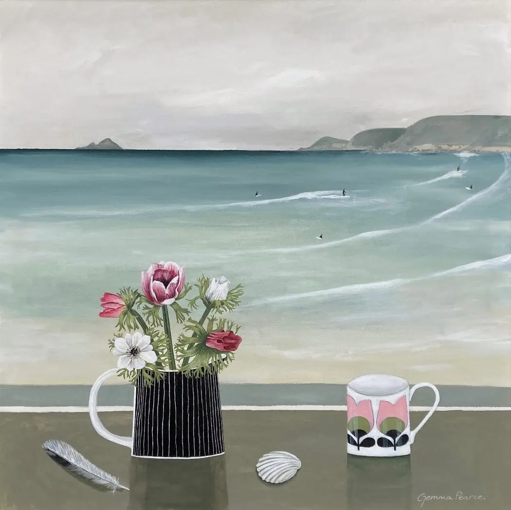 Gemma Pearce - anemones in a black striped jug 